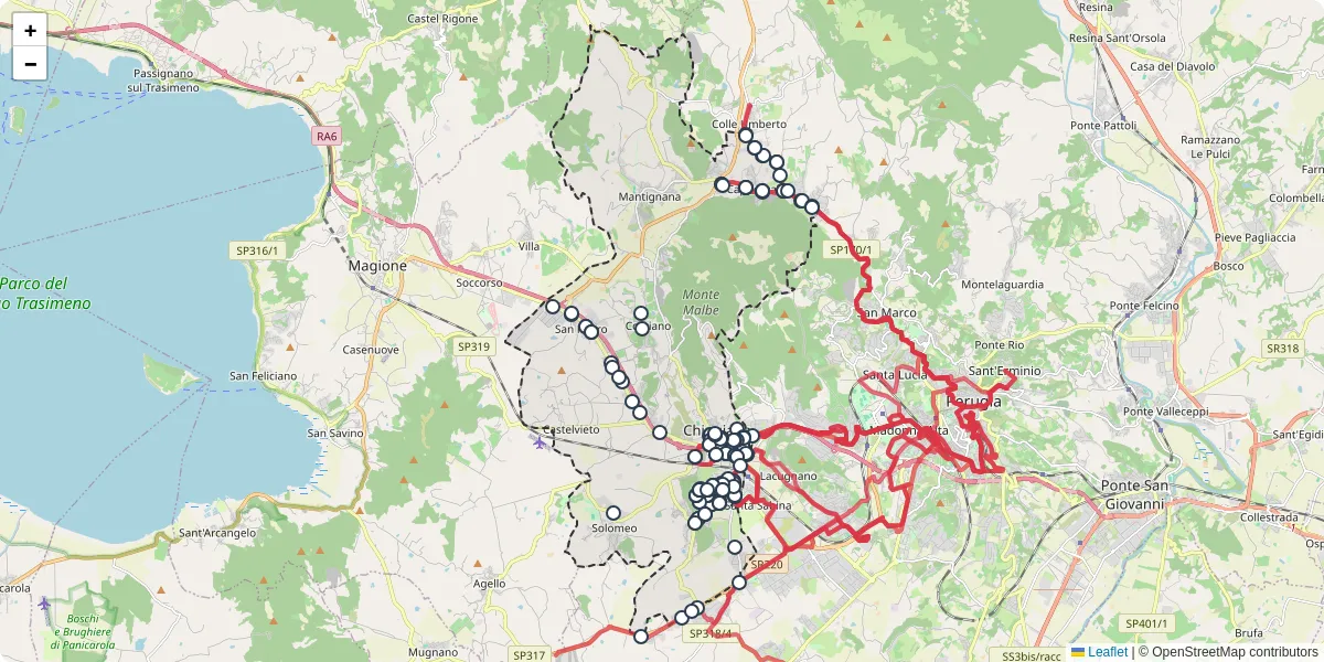 Mappa dettagliata del trasporto pubblico a Corciano con linee autobus, tram e collegamenti