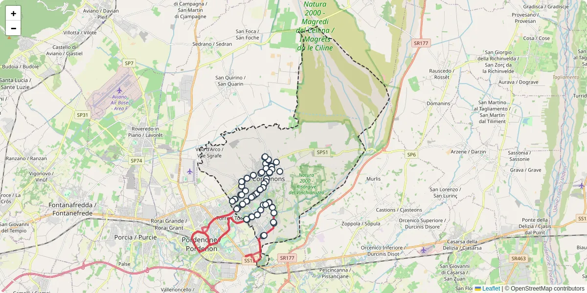 Mappa dettagliata del trasporto pubblico a Cordenons con linee autobus, tram e collegamenti