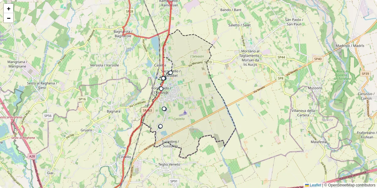 Mappa dettagliata del trasporto pubblico a Cordovado / Cordovât con linee autobus, tram e collegamenti