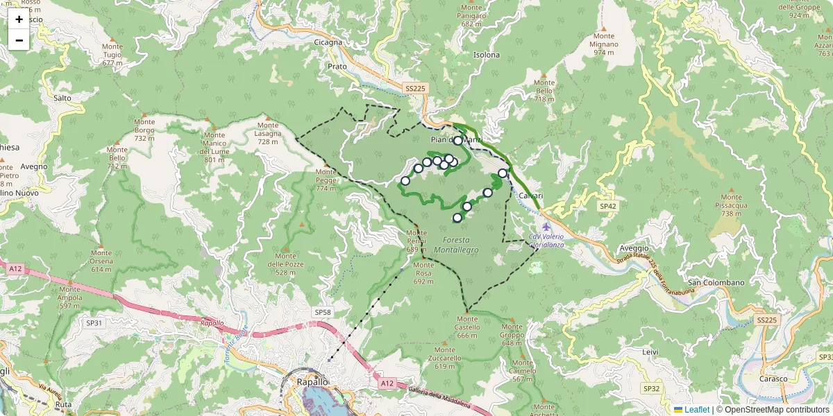 Mappa dettagliata del trasporto pubblico a Coreglia Ligure con linee autobus, tram e collegamenti