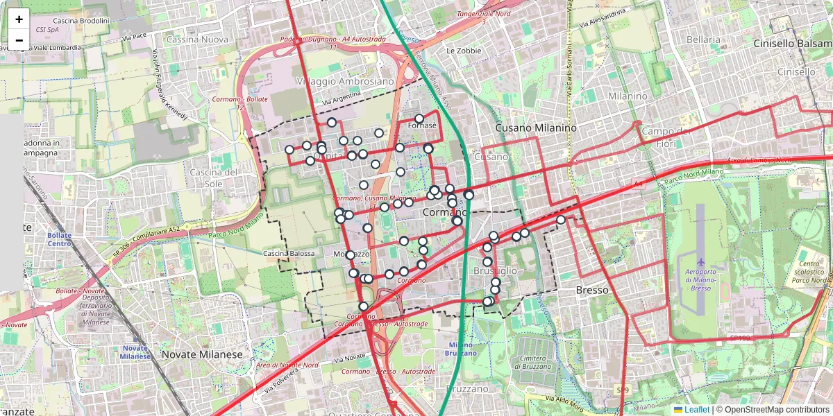 Mappa dettagliata del trasporto pubblico a Cormano con linee autobus, tram e collegamenti