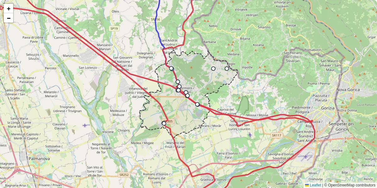 Mappa dettagliata del trasporto pubblico a Cormons / Cormòns / Krmin con linee autobus, tram e collegamenti