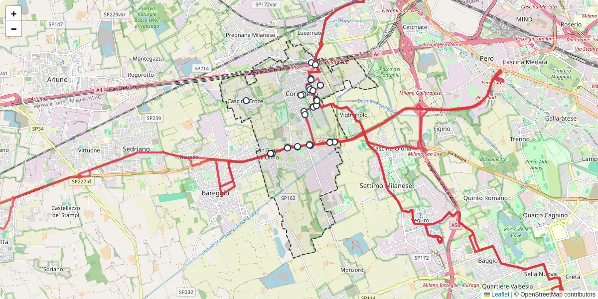 Mappa dettagliata del trasporto pubblico a Cornaredo con linee autobus, tram e collegamenti