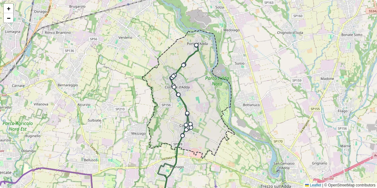 Mappa dettagliata del trasporto pubblico a Cornate d'Adda con linee autobus, tram e collegamenti