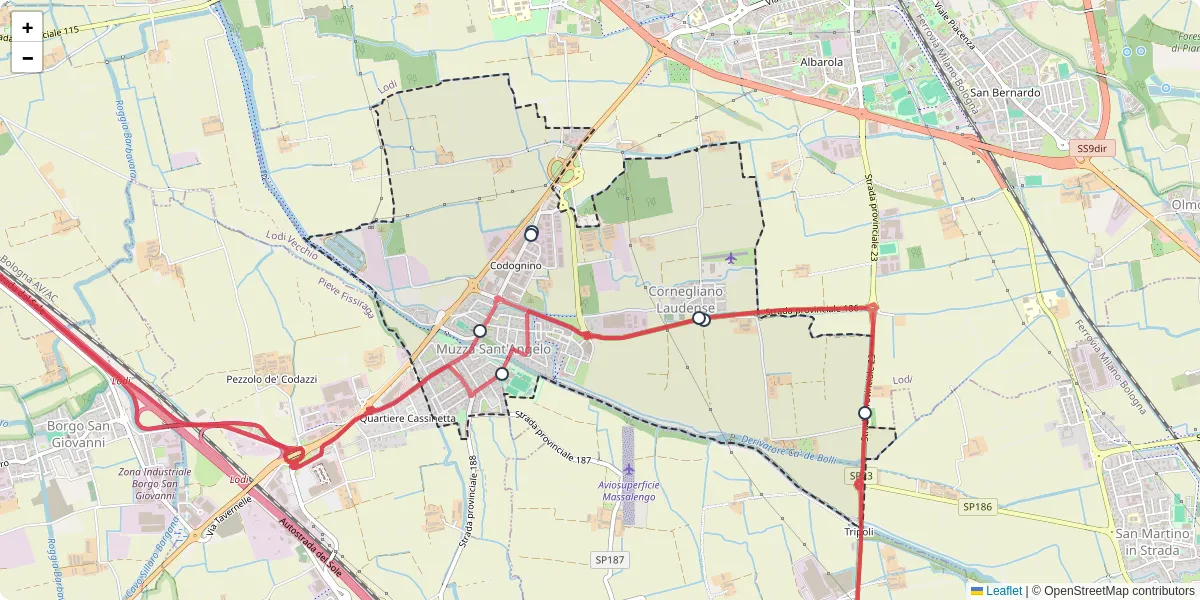 Mappa dettagliata del trasporto pubblico a Cornegliano Laudense con linee autobus, tram e collegamenti