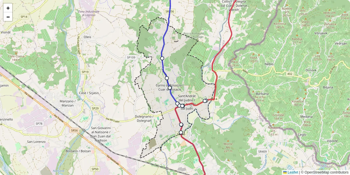 Mappa dettagliata del trasporto pubblico a Corno di Rosazzo / Cuar di Rosacis con linee autobus, tram e collegamenti