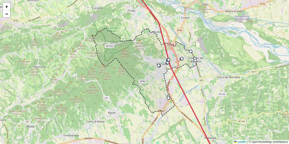Mappa dettagliata del trasporto pubblico a Cornuda con linee autobus, tram e collegamenti