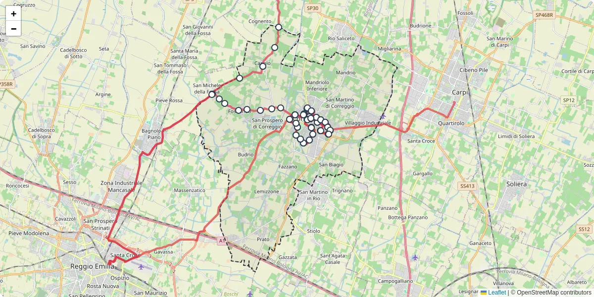 Mappa dettagliata del trasporto pubblico a Correggio con linee autobus, tram e collegamenti