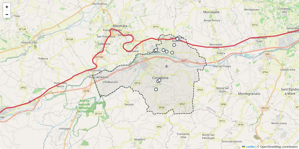 Mappa dettagliata del trasporto pubblico a Corridonia con linee autobus, tram e collegamenti
