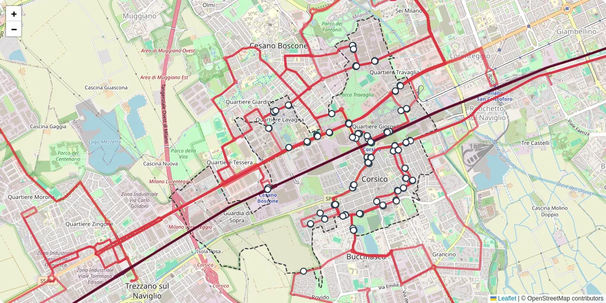 Mappa dettagliata del trasporto pubblico a Corsico con linee autobus, tram e collegamenti