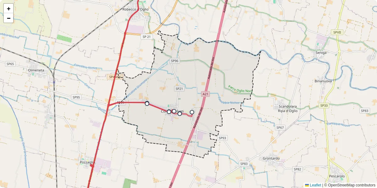 Mappa dettagliata del trasporto pubblico a Corte de' Frati con linee autobus, tram e collegamenti