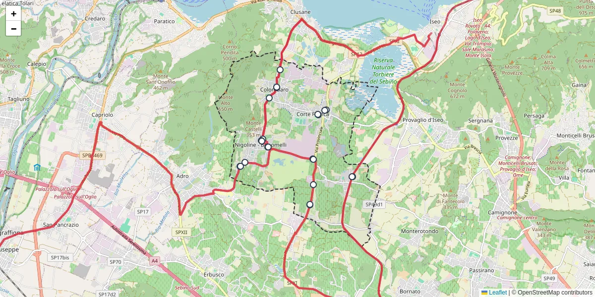 Mappa dettagliata del trasporto pubblico a Corte Franca con linee autobus, tram e collegamenti