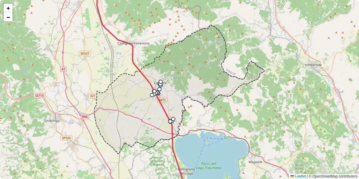 Mappa dettagliata del trasporto pubblico a Cortona con linee autobus, tram e collegamenti