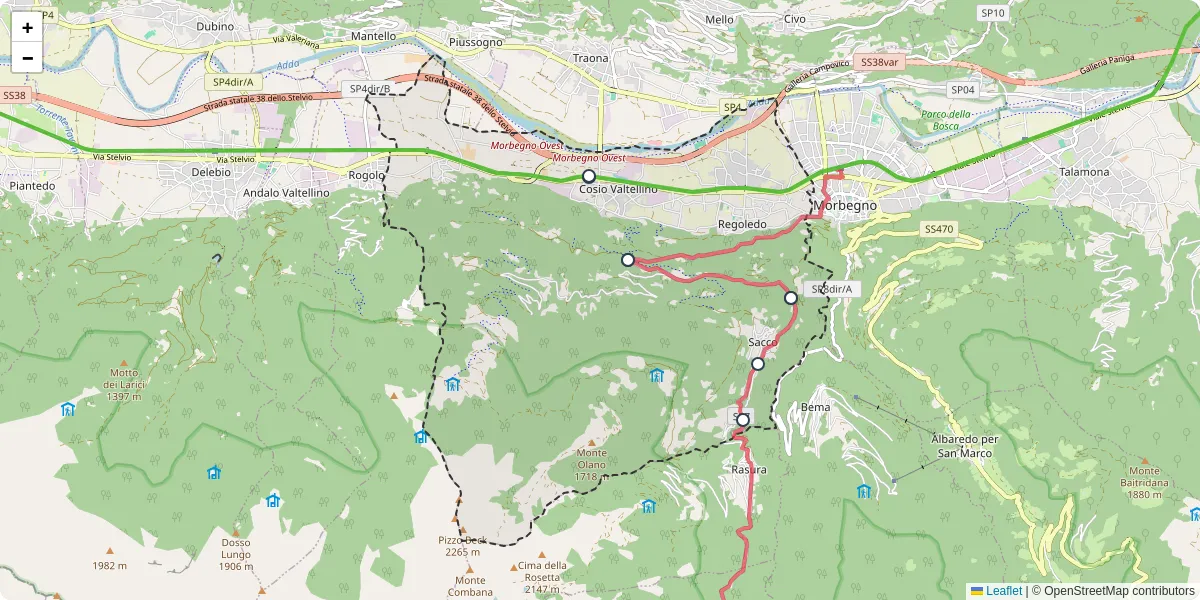 Mappa dettagliata del trasporto pubblico a Cosio Valtellino con linee autobus, tram e collegamenti