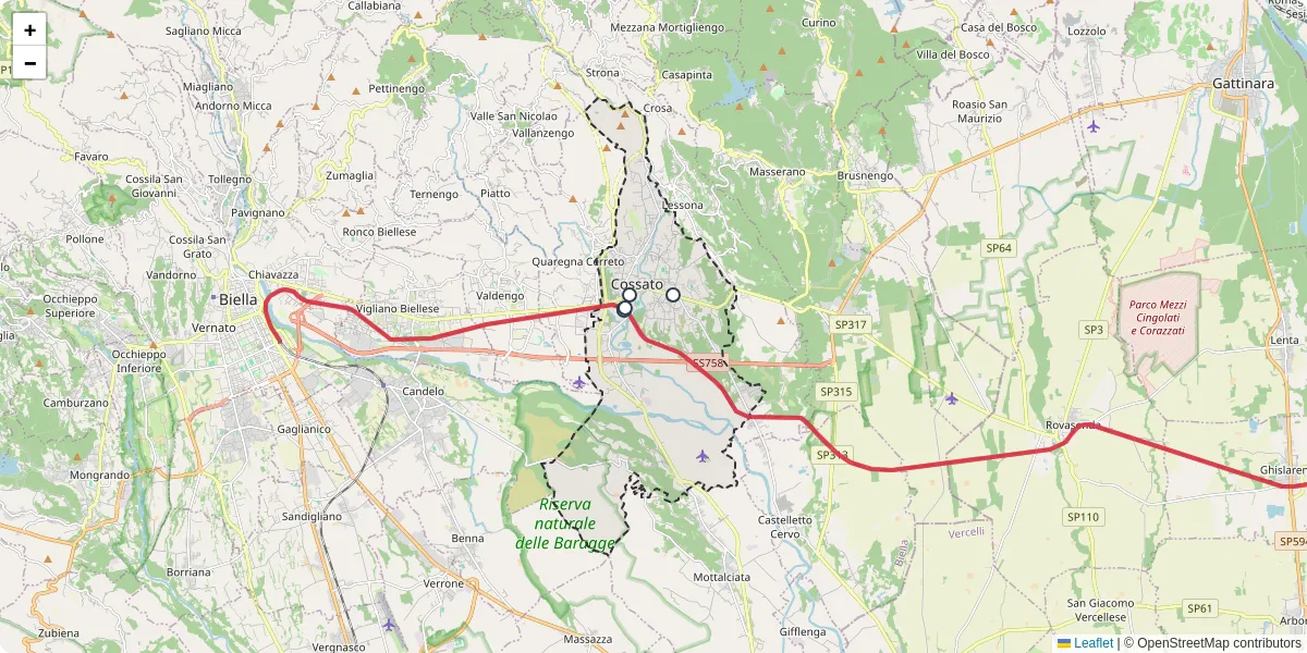 Mappa dettagliata del trasporto pubblico a Cossato con linee autobus, tram e collegamenti