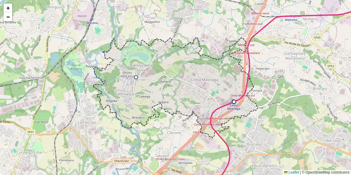 Mappa dettagliata del trasporto pubblico a Costa Masnaga con linee autobus, tram e collegamenti