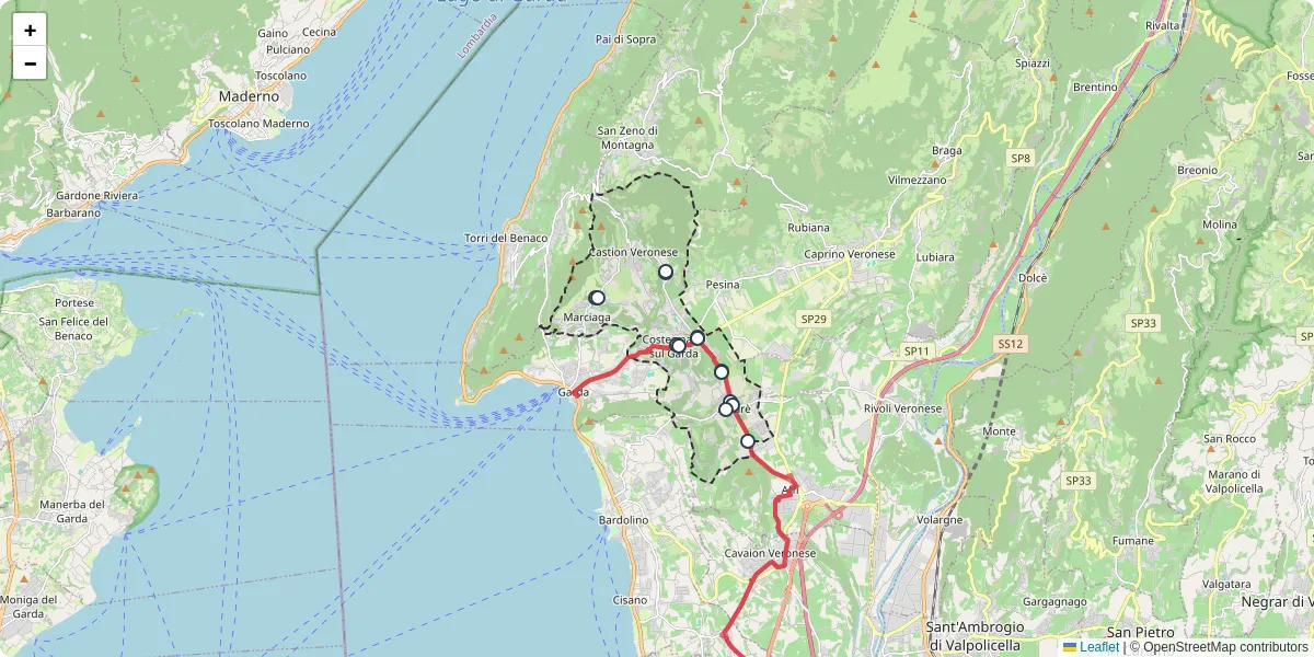 Mappa dettagliata del trasporto pubblico a Costermano sul Garda con linee autobus, tram e collegamenti