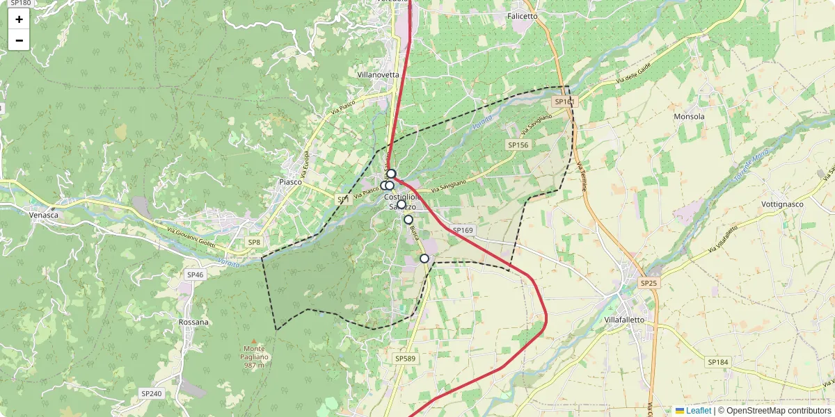 Mappa dettagliata del trasporto pubblico a Costigliole Saluzzo con linee autobus, tram e collegamenti