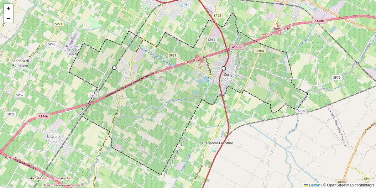 Mappa dettagliata del trasporto pubblico a Cotignola con linee autobus, tram e collegamenti