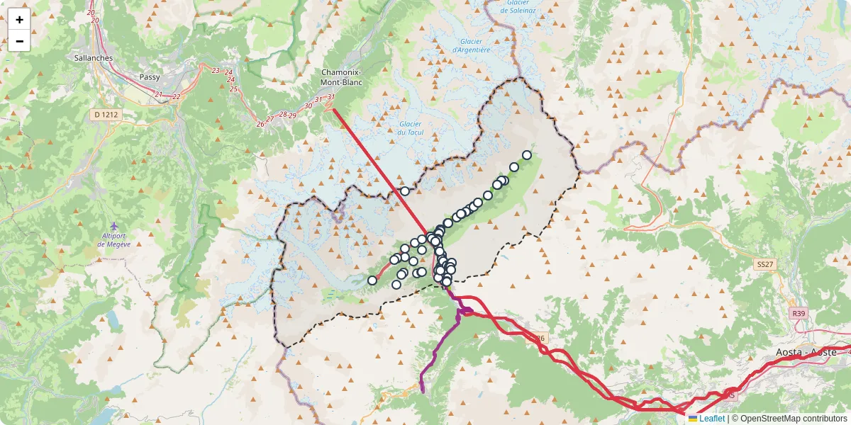 Mappa dettagliata del trasporto pubblico a Courmayeur con linee autobus, tram e collegamenti