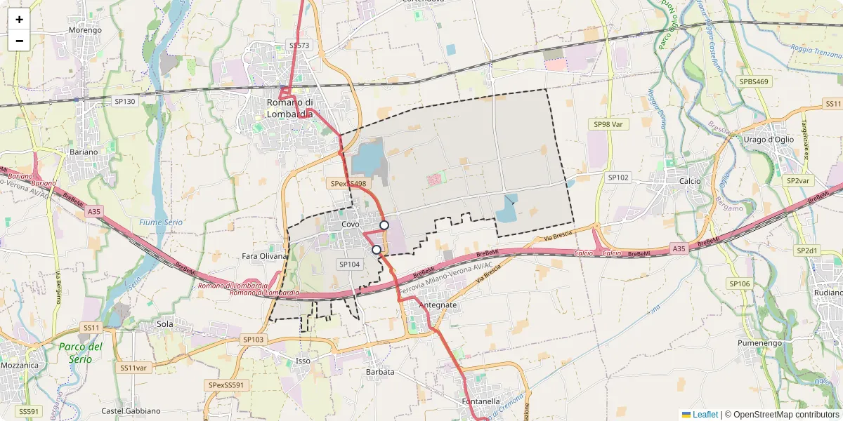 Mappa dettagliata del trasporto pubblico a Covo con linee autobus, tram e collegamenti