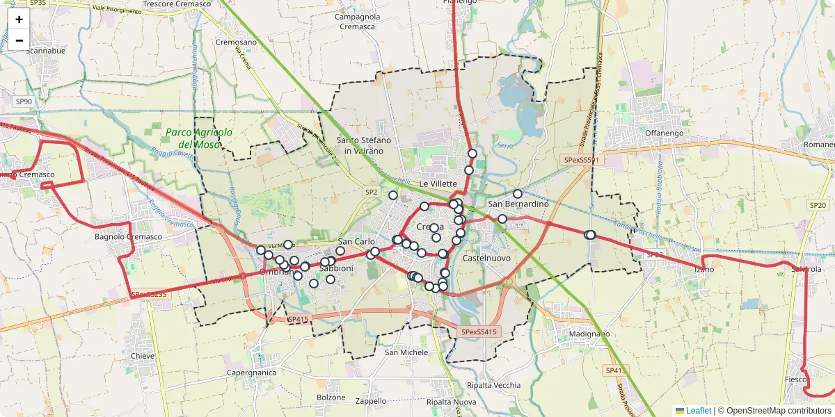 Mappa dettagliata del trasporto pubblico a Crema con linee autobus, tram e collegamenti