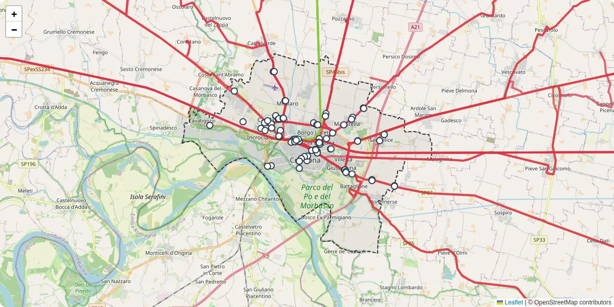 Mappa dettagliata del trasporto pubblico a Cremona con linee autobus, tram e collegamenti