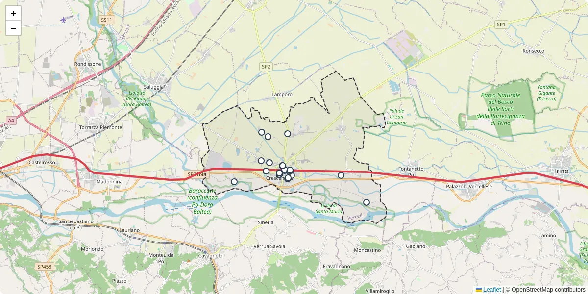 Mappa dettagliata del trasporto pubblico a Crescentino con linee autobus, tram e collegamenti