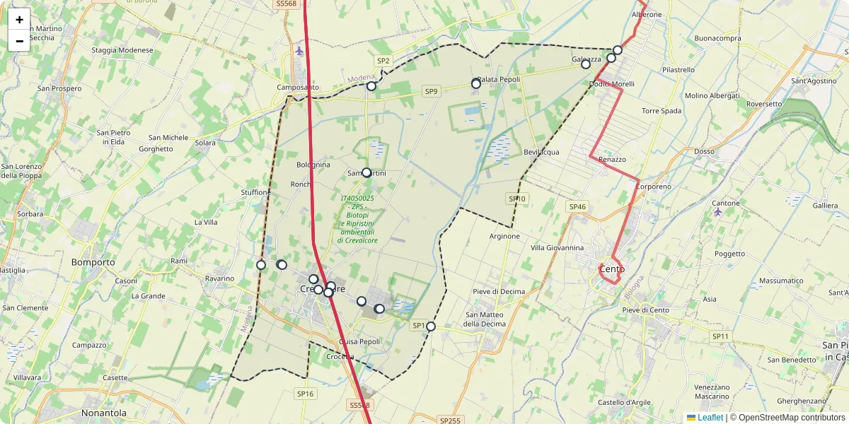 Mappa dettagliata del trasporto pubblico a Crevalcore con linee autobus, tram e collegamenti