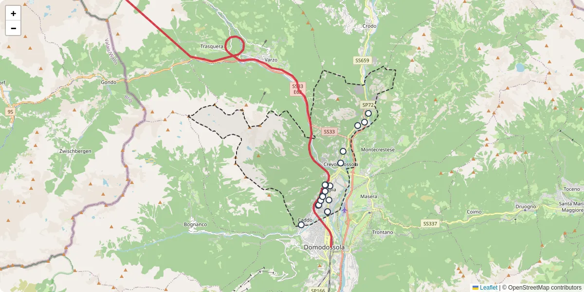 Mappa dettagliata del trasporto pubblico a Crevoladossola con linee autobus, tram e collegamenti