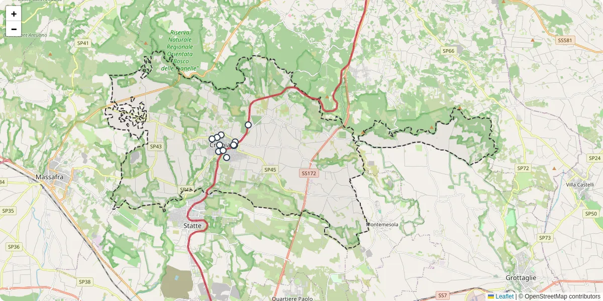 Mappa dettagliata del trasporto pubblico a Crispiano con linee autobus, tram e collegamenti