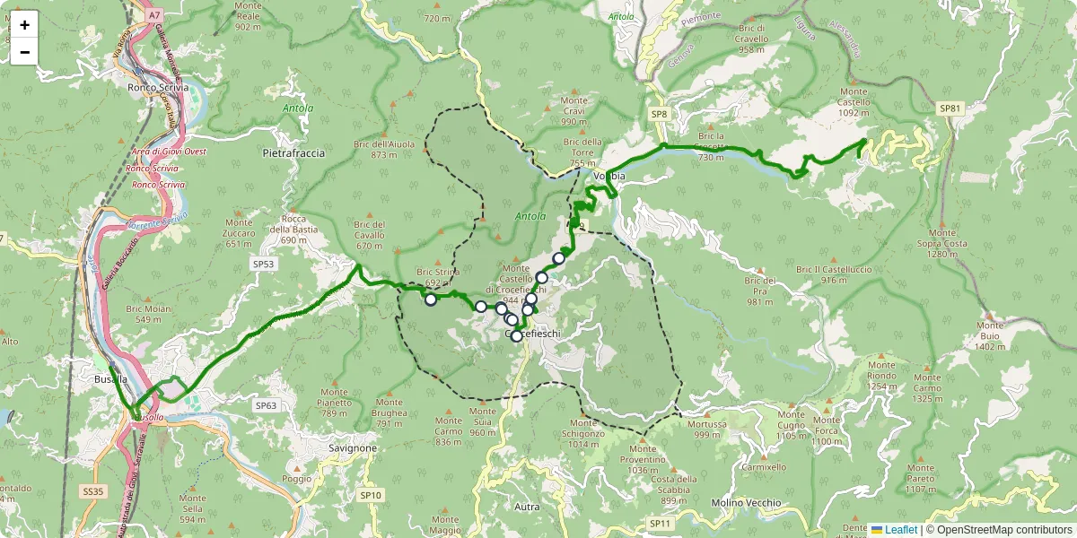 Mappa dettagliata del trasporto pubblico a Crocefieschi con linee autobus, tram e collegamenti