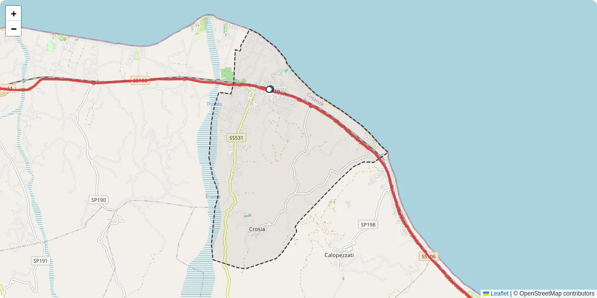 Mappa dettagliata del trasporto pubblico a Crosia con linee autobus, tram e collegamenti