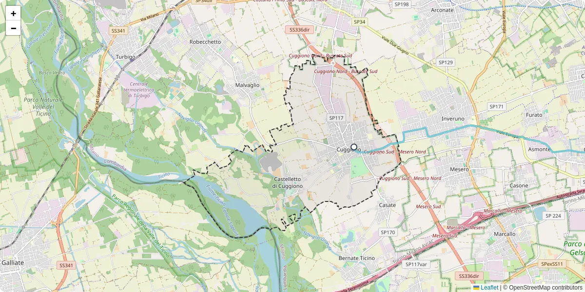 Mappa dettagliata del trasporto pubblico a Cuggiono con linee autobus, tram e collegamenti