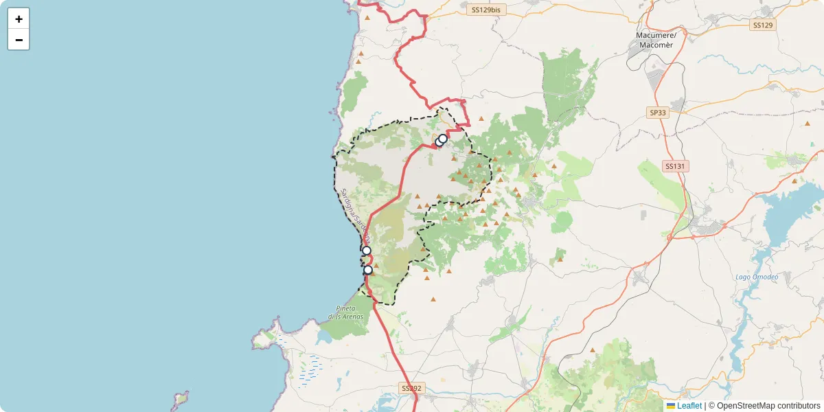 Mappa dettagliata del trasporto pubblico a Cùllieri/Cuglieri con linee autobus, tram e collegamenti