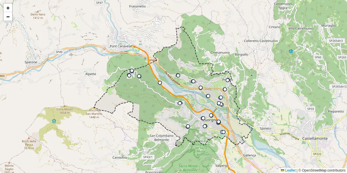 Mappa dettagliata del trasporto pubblico a Cuorgnè con linee autobus, tram e collegamenti
