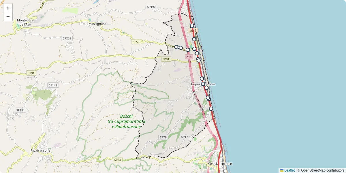 Mappa dettagliata del trasporto pubblico a Cupra Marittima con linee autobus, tram e collegamenti