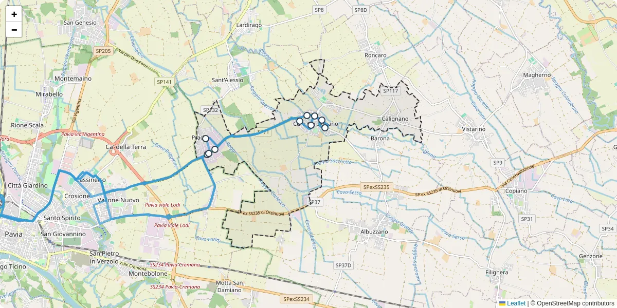 Mappa dettagliata del trasporto pubblico a Cura Carpignano con linee autobus, tram e collegamenti