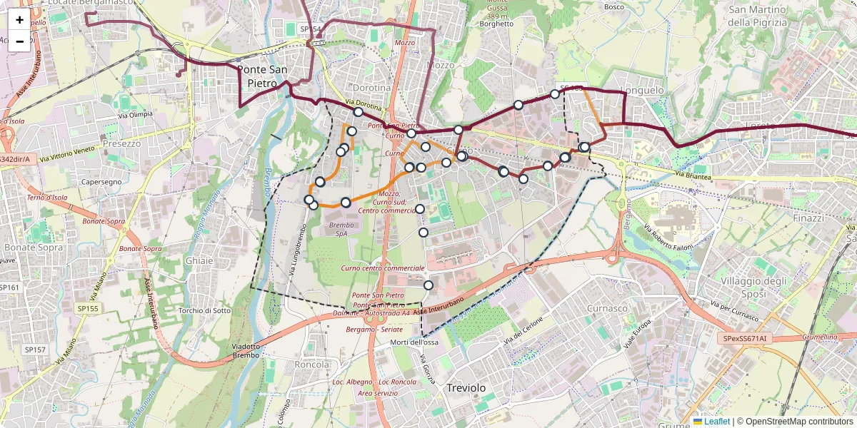 Mappa dettagliata del trasporto pubblico a Curno con linee autobus, tram e collegamenti