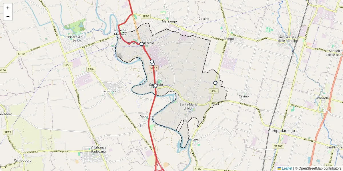 Mappa dettagliata del trasporto pubblico a Curtarolo con linee autobus, tram e collegamenti