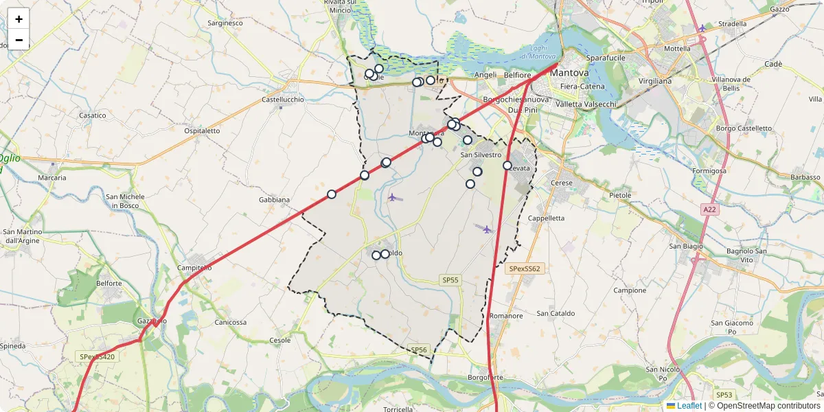 Mappa dettagliata del trasporto pubblico a Curtatone con linee autobus, tram e collegamenti
