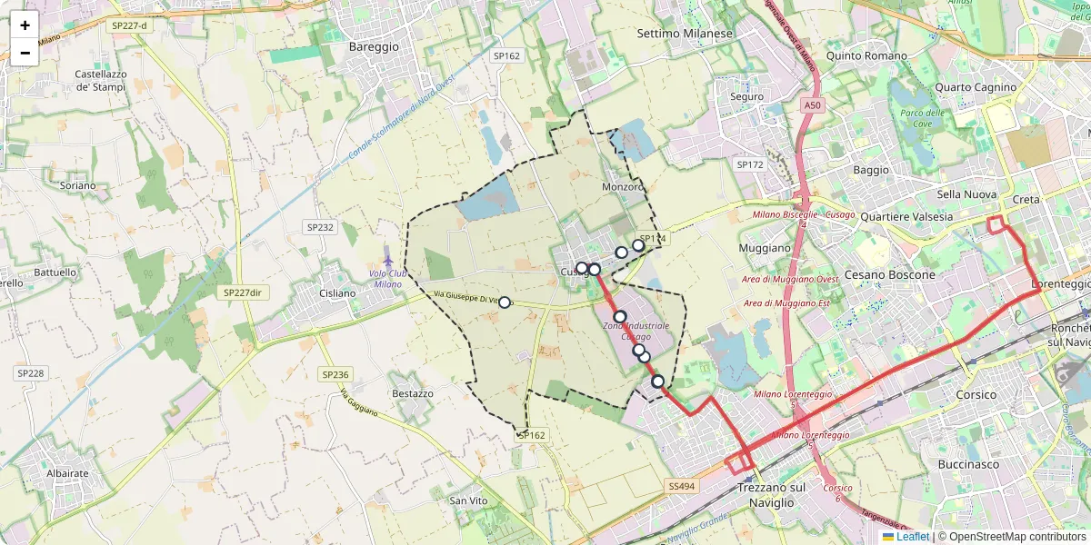 Mappa dettagliata del trasporto pubblico a Cusago con linee autobus, tram e collegamenti