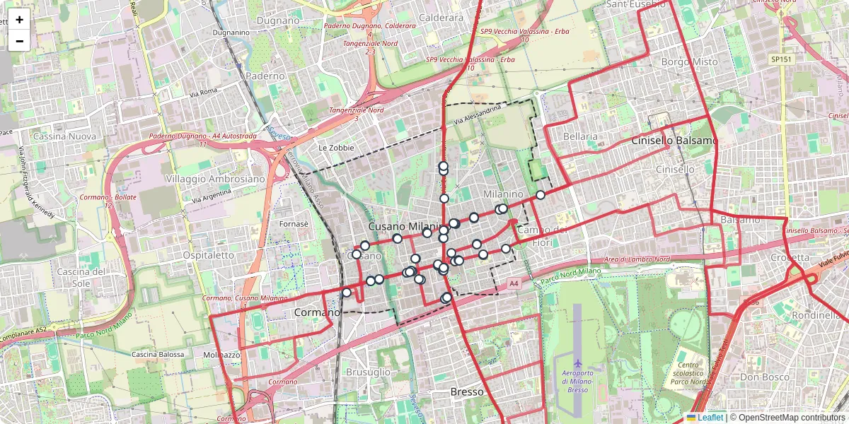 Mappa dettagliata del trasporto pubblico a Cusano Milanino con linee autobus, tram e collegamenti