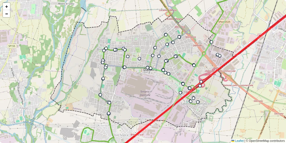 Mappa dettagliata del trasporto pubblico a Dalmine con linee autobus, tram e collegamenti