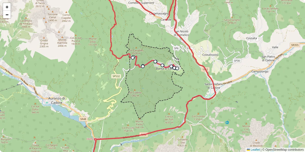 Mappa dettagliata del trasporto pubblico a Danta di Cadore con linee autobus, tram e collegamenti