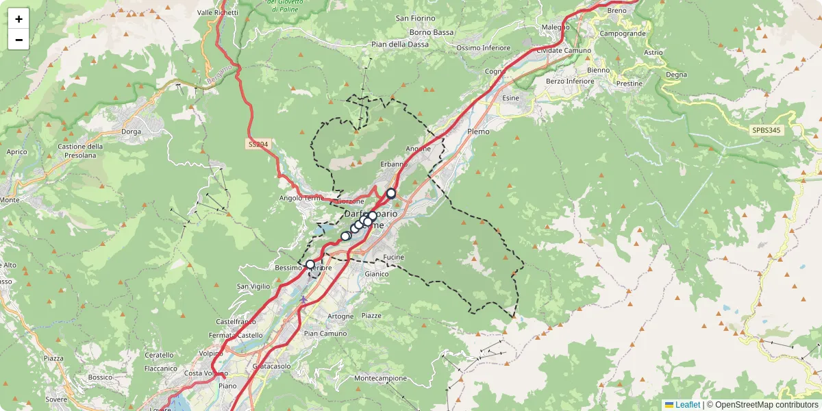 Mappa dettagliata del trasporto pubblico a Darfo Boario Terme con linee autobus, tram e collegamenti
