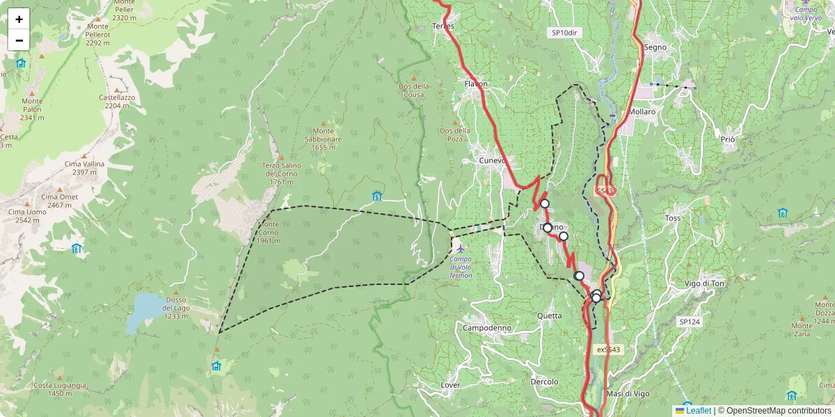 Mappa dettagliata del trasporto pubblico a Denno con linee autobus, tram e collegamenti