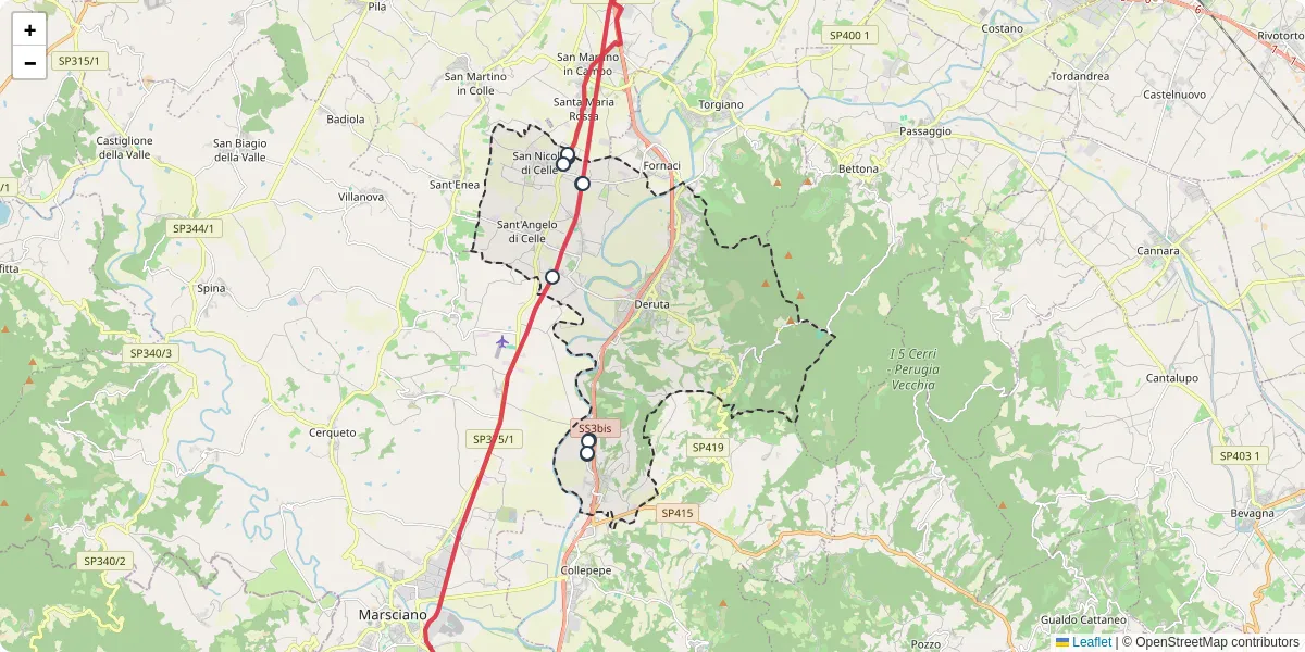 Mappa dettagliata del trasporto pubblico a Deruta con linee autobus, tram e collegamenti