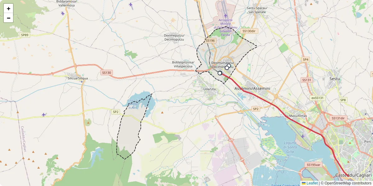 Mappa dettagliata del trasporto pubblico a Deximumannu/Decimomannu con linee autobus, tram e collegamenti