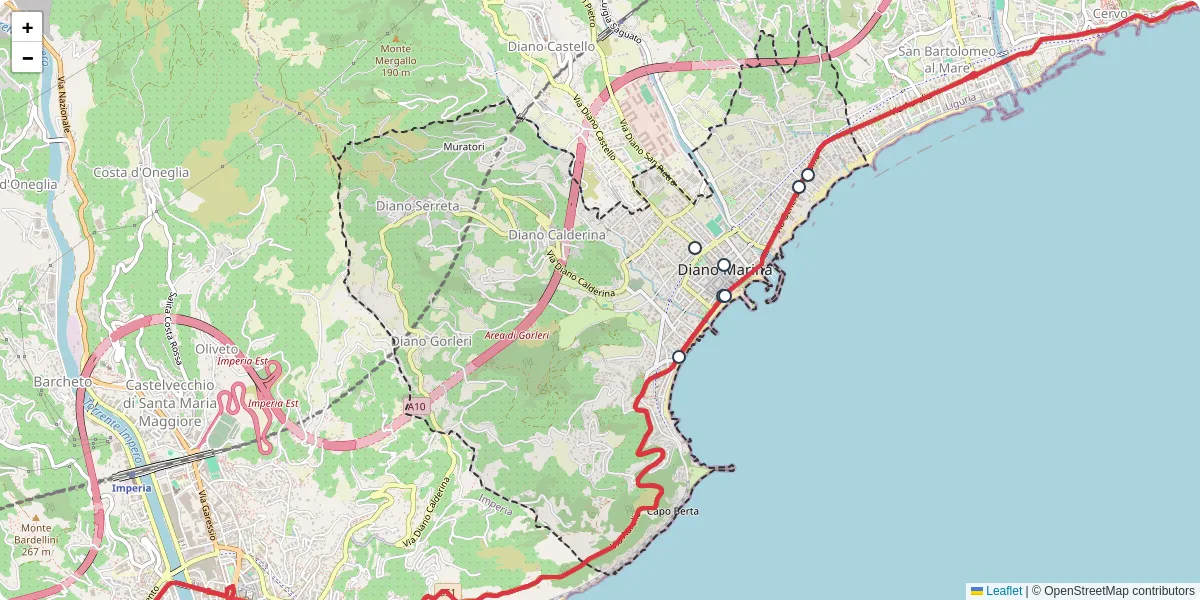 Mappa dettagliata del trasporto pubblico a Diano Marina con linee autobus, tram e collegamenti